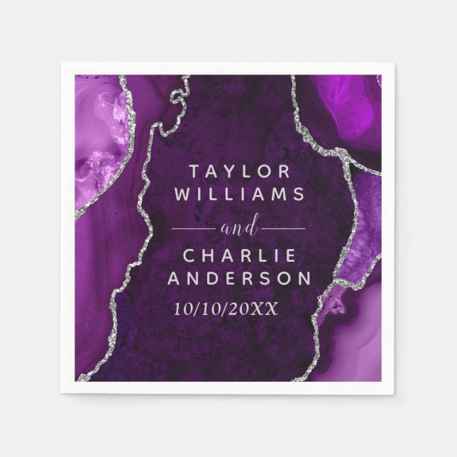 Lila och Silver Agate Marble Bröllop Pappersservett (Framsidan)