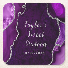 Lila och Silver Agate Marble Sweet sixteen Underlägg Papper Kvadrat