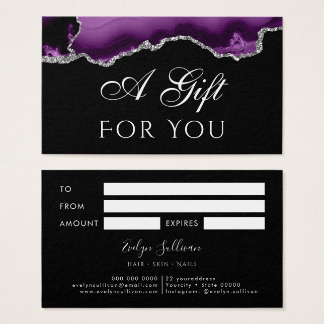 Lila och Silver Agate på Black Gift Card Visitkort (Framsida & baksida)