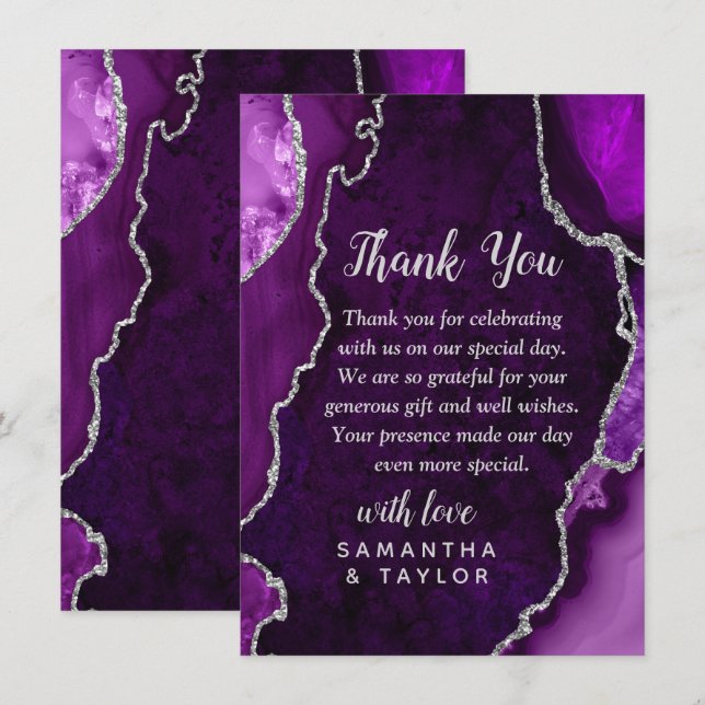 Lila och Silver Akagat Marmor Bröllop Tack Kort (Fram/baksida)