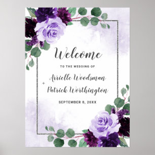 Lila och Silver Blommigt Boho Bröllop Välkomstskyl Poster