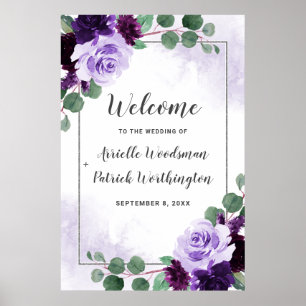 Lila och Silver Blommigt Boho Bröllop Välkomstskyl Poster