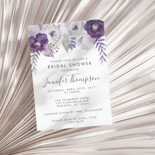 Lila och Silver Blommigt Möhippa för vattenfärg Inbjudningar (Purple and Silver Watercolor Floral Bridal Shower Invitation)