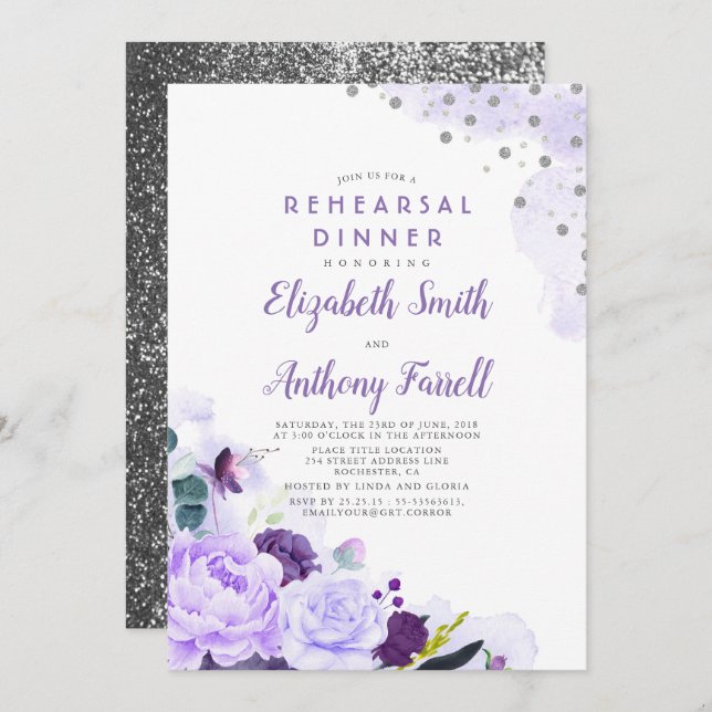 Lila och Silver Blommigt Romantic Rehearsal Middag Inbjudningar (Fram/baksida)