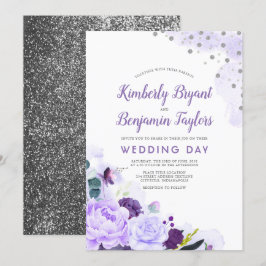 Lila och Silver | Blommigt Watercolor Bröllop Inbjudningar
