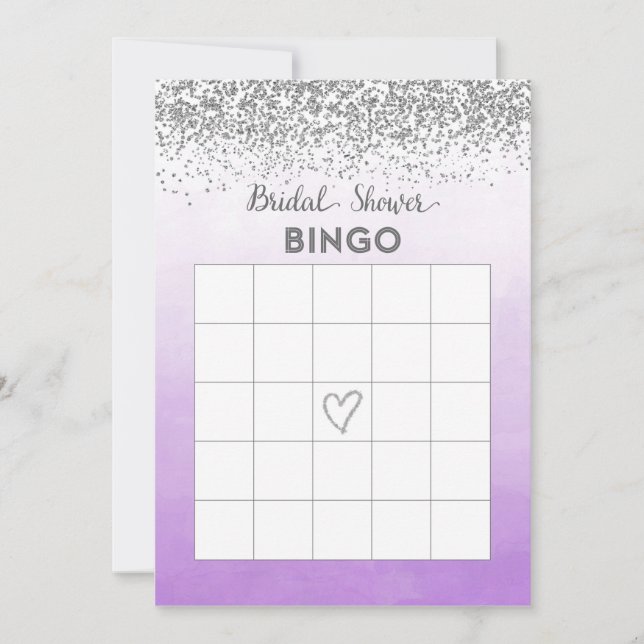 Lila och Silver Bröllopsdusch Bingo Kort (Framsida)