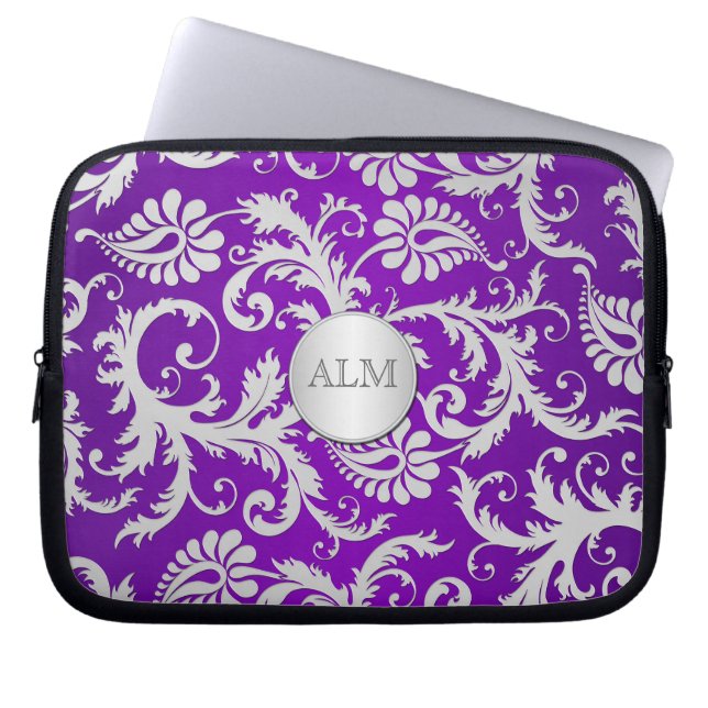 Lila och Silver Damask Laptop sleeve (Framsidan)