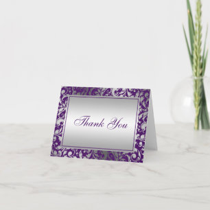 Lila och Silver Damask Swirls Tack Kort