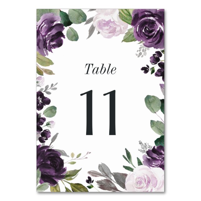 Lila och Silver Elegant Blommigt Vita Bröllop Bordsnummer (Framsidan)