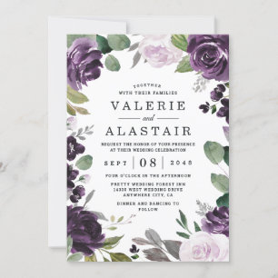 Lila och Silver Elegant Blommigt Vita Bröllop Inbjudningar