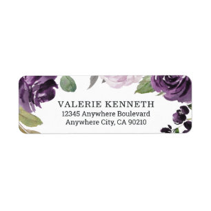 Lila och Silver Elegant Blommigt Vita Bröllop Returadress Etikett
