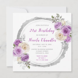 Lila och Silver Elegant Flowers Födelsedagsfest Inbjudningar