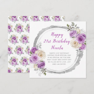 Lila och Silver Eleganta Blommor Födelsedag Kort