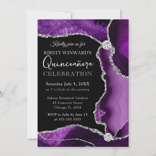 Lila och Silver Falsk Glitter Agate Quinceanera Inbjudningar (Framsida)