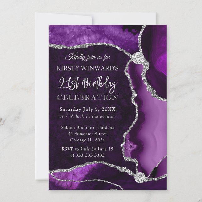 Lila och Silver Faux Glitter Agate Birthday Inbjudningar (Framsida)
