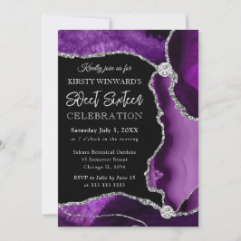 Lila och Silver Faux Glitter Agate Sweet 16 Inbjudningar