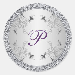Lila och Silver Foil Blommigt Monogram Sticker Runt Klistermärke