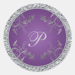 Lila och Silver Foil Blommigt Monogram Sticker Runt Klistermärke