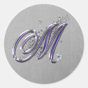 Lila och Silver Glitter Finare, Monogram M Runt Klistermärke