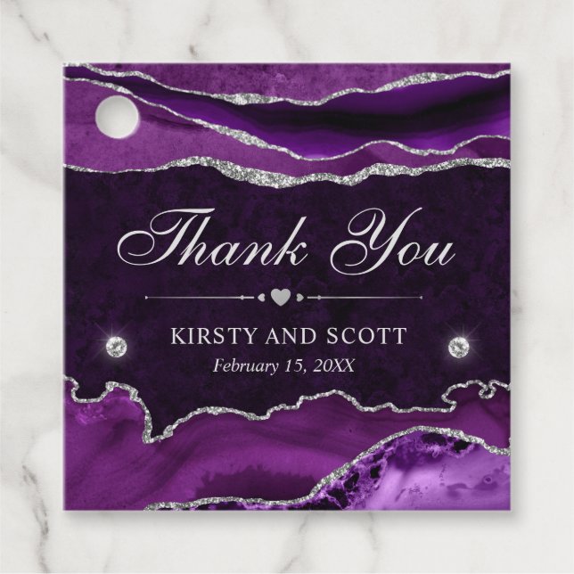 Lila och Silver Glitter Marble Agate Bröllop Gåvor Etiketter (Framsida)