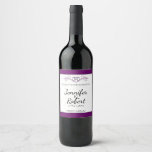 Lila och Silver Heart Rulla Monogram Vin Vinflaska Etikett