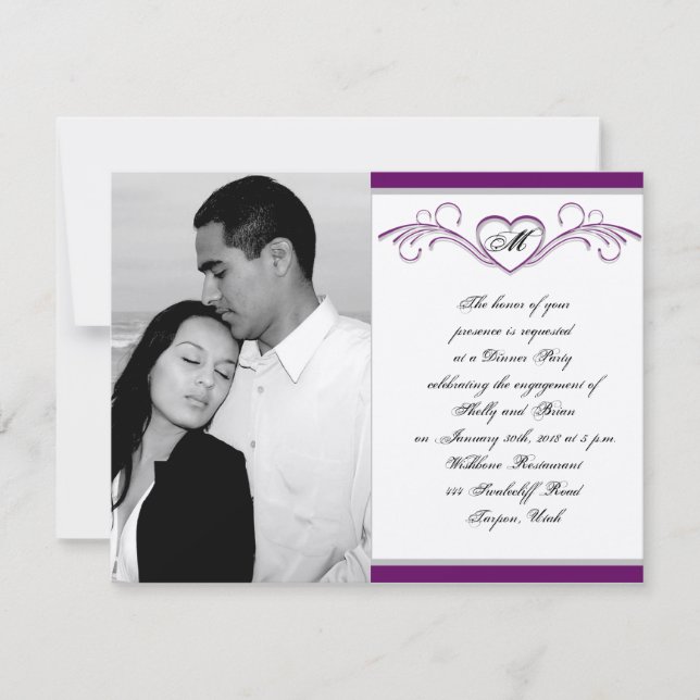 Lila och Silver Hjärtat Rulla Monogram Förlovning Inbjudningar (Framsida)