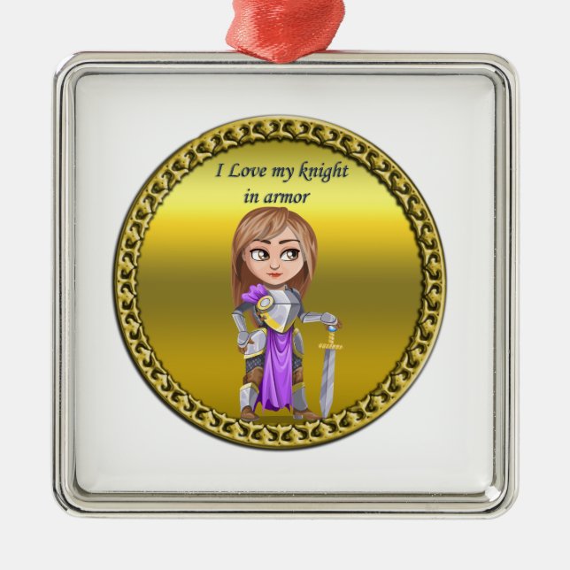 Lila och silver knight i hennes pansar och svärd julgransprydnad metall (Framsidan)