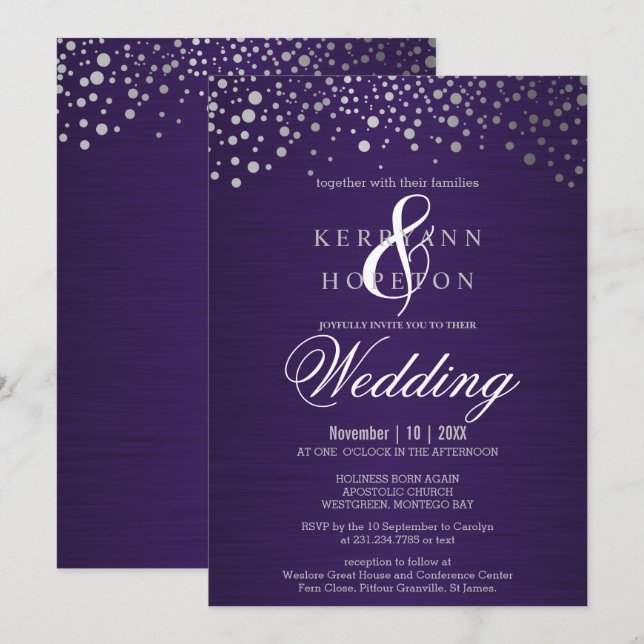 Lila och Silver Konfettiprickar Inbjudan (Fram/baksida)