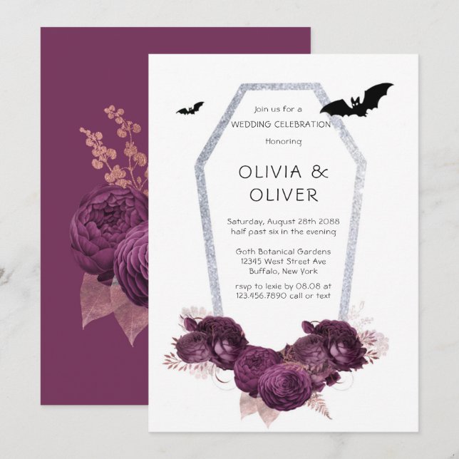 Lila och Silver Peony Coffin Fladdermöss Bröllop Inbjudningar (Fram/baksida)