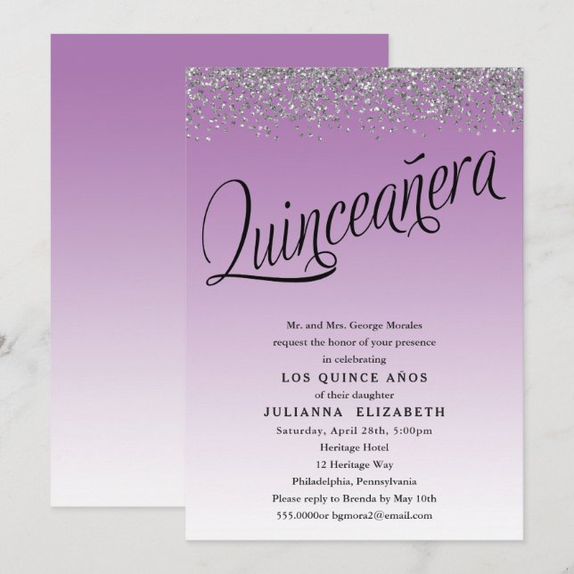 Lila och Silver Quinceanera 15:e födelsedagen Inbjudningar (Fram/baksida)