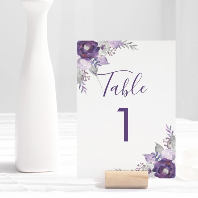Lila och silver vattenfärg blommig bordskort (Purple and Silver Watercolor Floral Table Number)