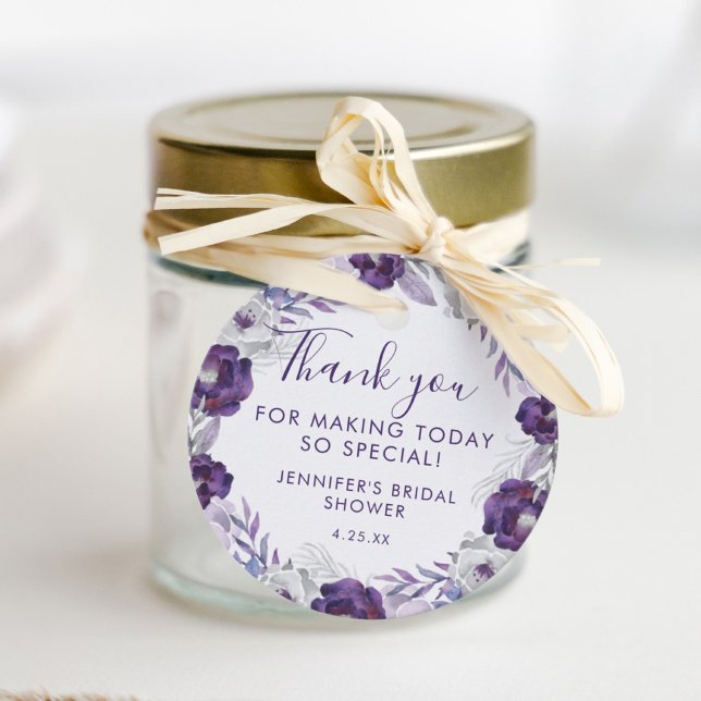 Lila och silver vattenfärg blommig bröllopsdusch gåvor etiketter (Purple and Silver Watercolor Floral Bridal Shower Favor Tags)
