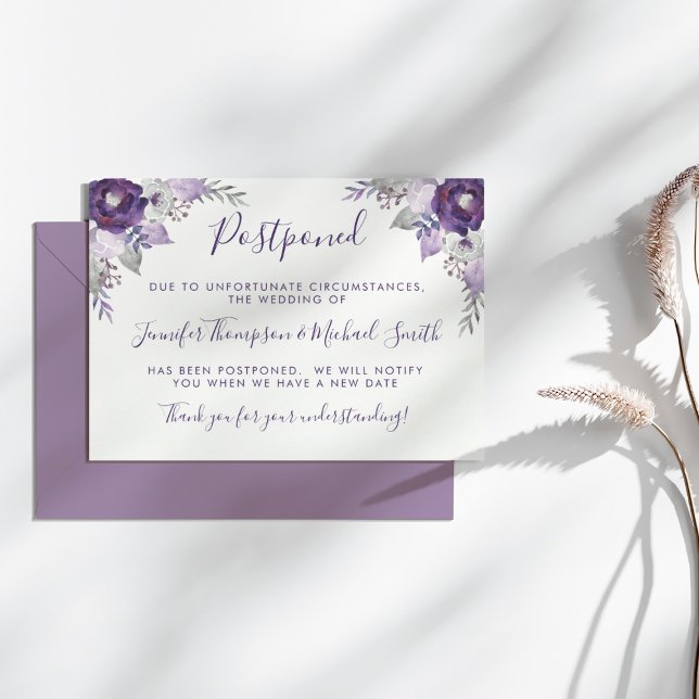Lila och Silver vattenfärgsfärg Bröllop Förändring Inbjudningar (Purple & Silver Watercolor Wedding Change of Plans Invitation)