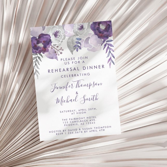 Lila och Silver vattenfärgsrepetitionsmiddag Inbjudningar (Purple and Silver Watercolor Rehearsal Dinner Invitation)