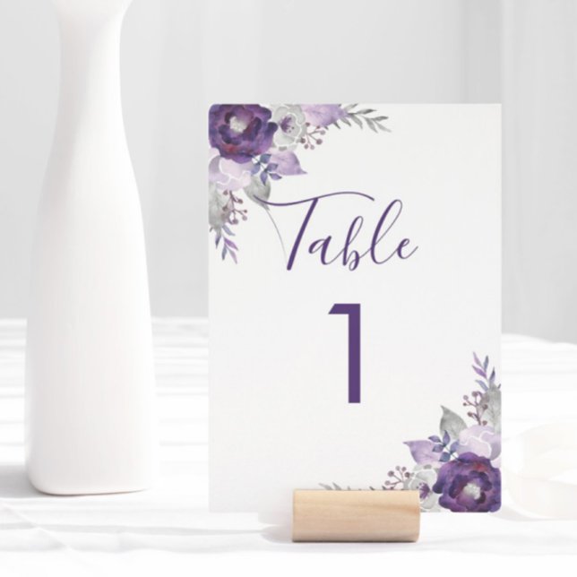 Lila och Silver Watercolor Blommigt Bröllop Bordsnummer (Purple and Silver Watercolor Floral Wedding Table Number)
