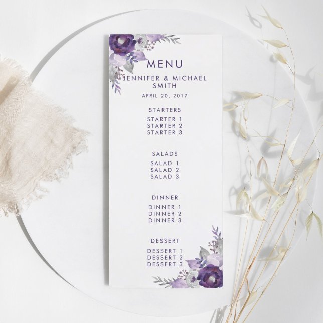 Lila och Silver Watercolor Blommigt Bröllop Menu Meny (Purple and Silver Watercolor Floral Wedding Menu)