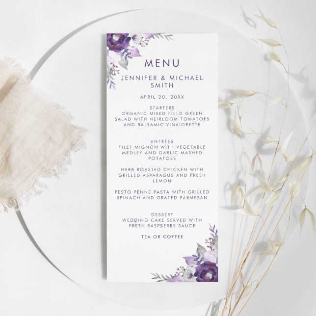 Lila och Silver Watercolor Blommigt Bröllop Menu Meny (Purple and Silver Watercolor Floral Wedding Menu)