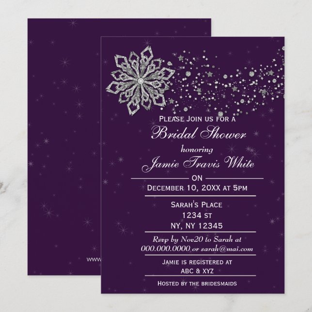 Lila och Silver Winter Möhippa inbjudan (Fram/baksida)