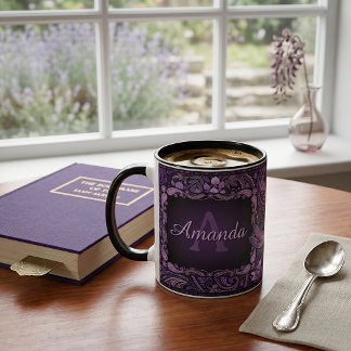 Lila och svart blomster paisley personlig mugg