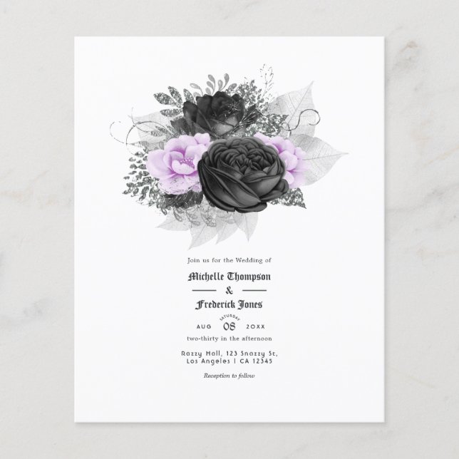 Lila och svart blomsterbröllopsinbjudan flygblad (Framsidan)
