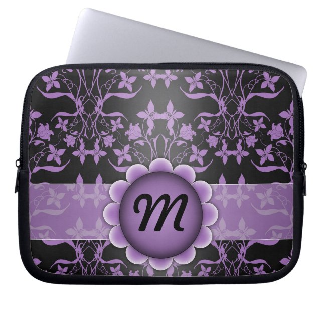 Lila och svart Damaskmonogram Laptop Fodral (Framsidan)