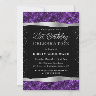 Lila och svart glitter Shimmer 21-årsdag Inbjudningar