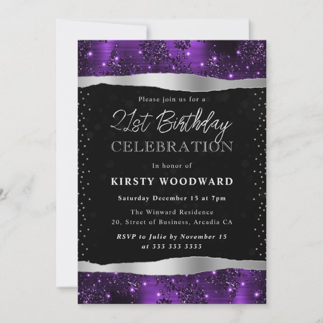 Lila och svart glitter Shimmer 21-årsdag Inbjudningar (Framsida)