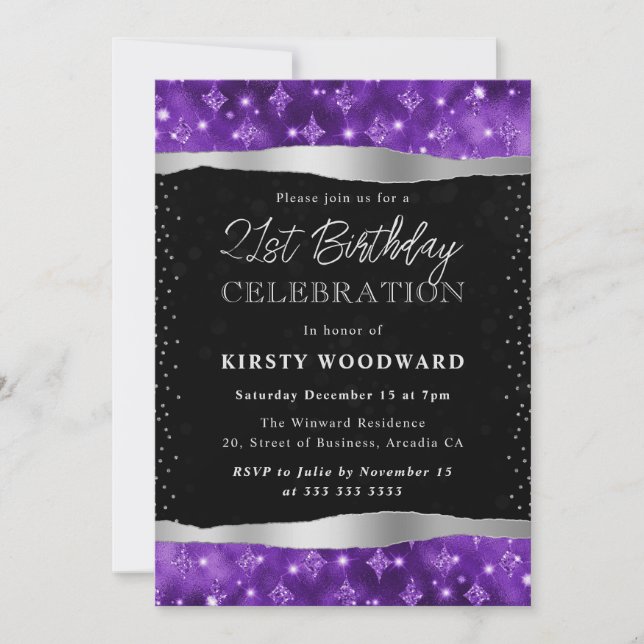 Lila och svart glitter skimmer 21-årsdag inbjudningar (Framsida)