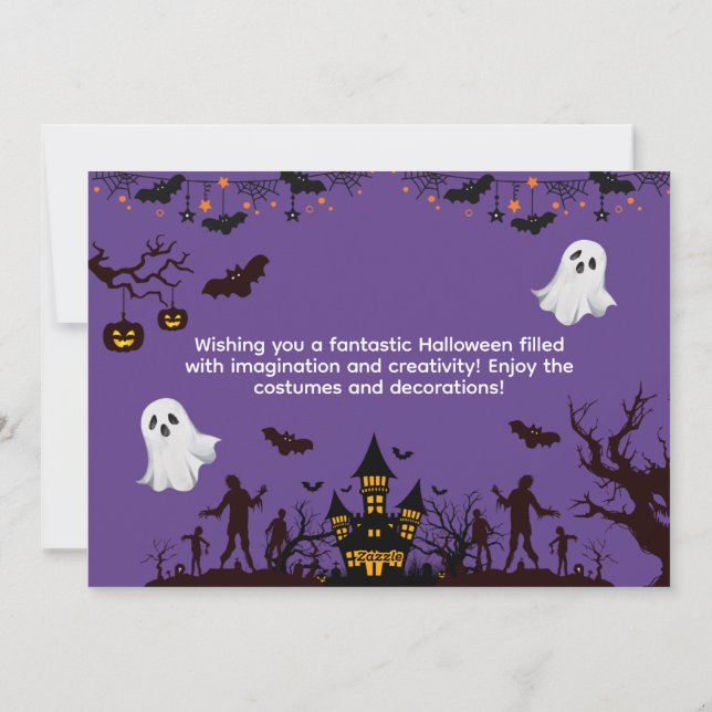 Lila och svart illustrativ Halloween Julkort (Baksida)