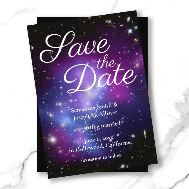 Lila och svart rymdfoto Spara datum Inbjudningar (Purple and Black Space Photo Save the Date Invitation)