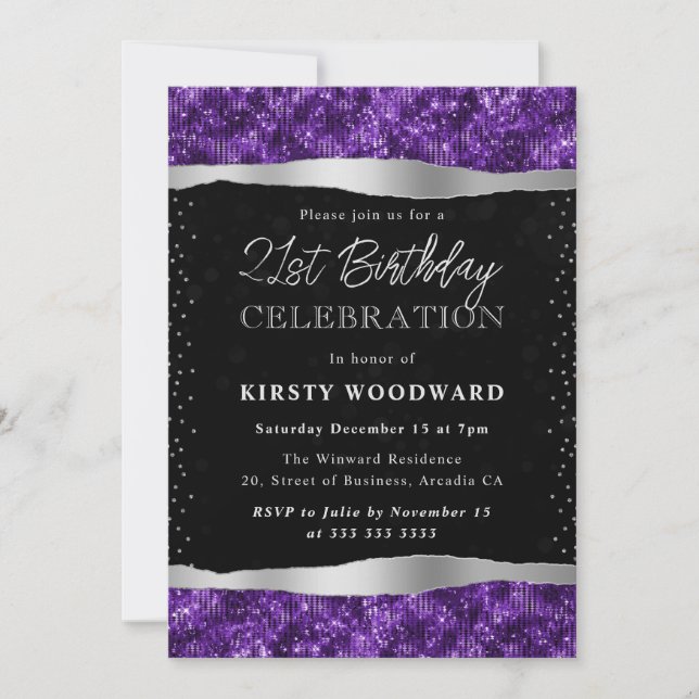 Lila och svart skimrande glitter 21-årsdag inbjudningar (Framsida)