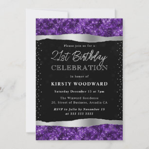 Lila och svart skimrande glitter 21-årsdag inbjudningar