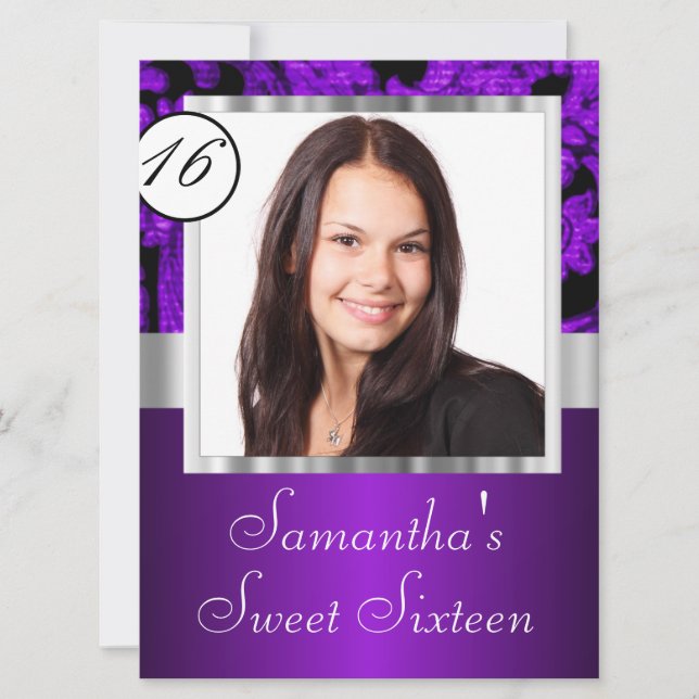 Lila och svart sweet sixteen inbjudningar (Framsida)
