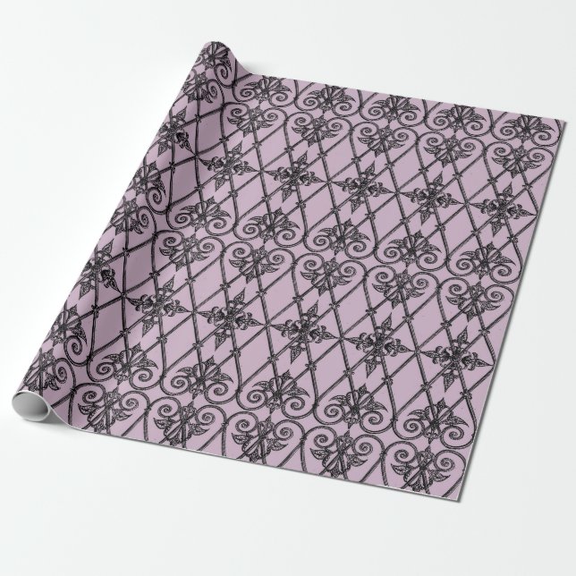 Lila och svart vintage damaskmönster presentpapper (Utrullad)
